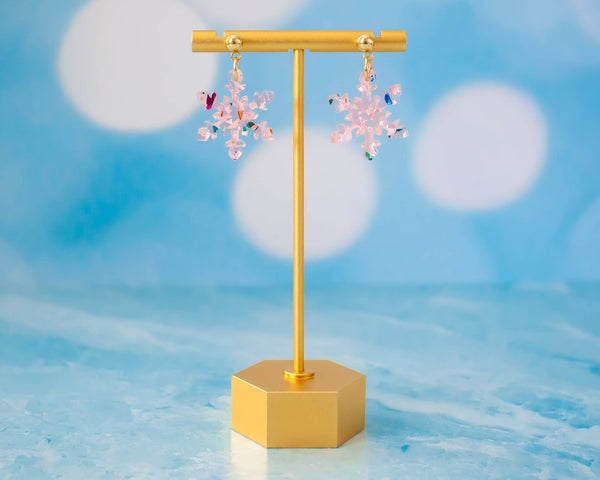 Small Pink Snowflake Earrings, Glitter Winter Dangles