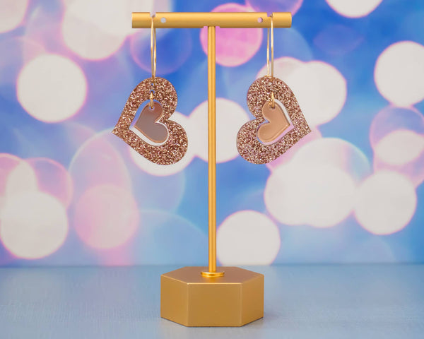 Rose Gold Tilted Double Heart Hoop Earrings