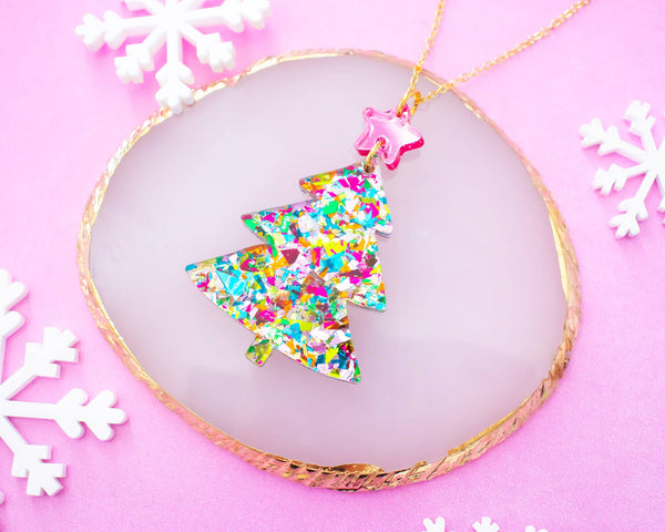 Christmas Tree Glitter Necklace 16K Gold Plated, Pendant