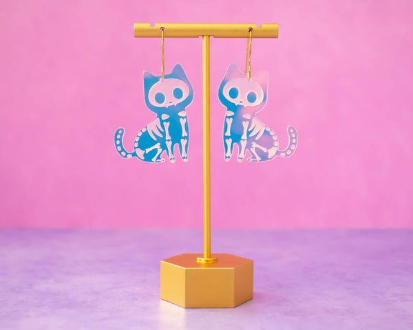 Skeleton Cat Holographic Halloween Earrings