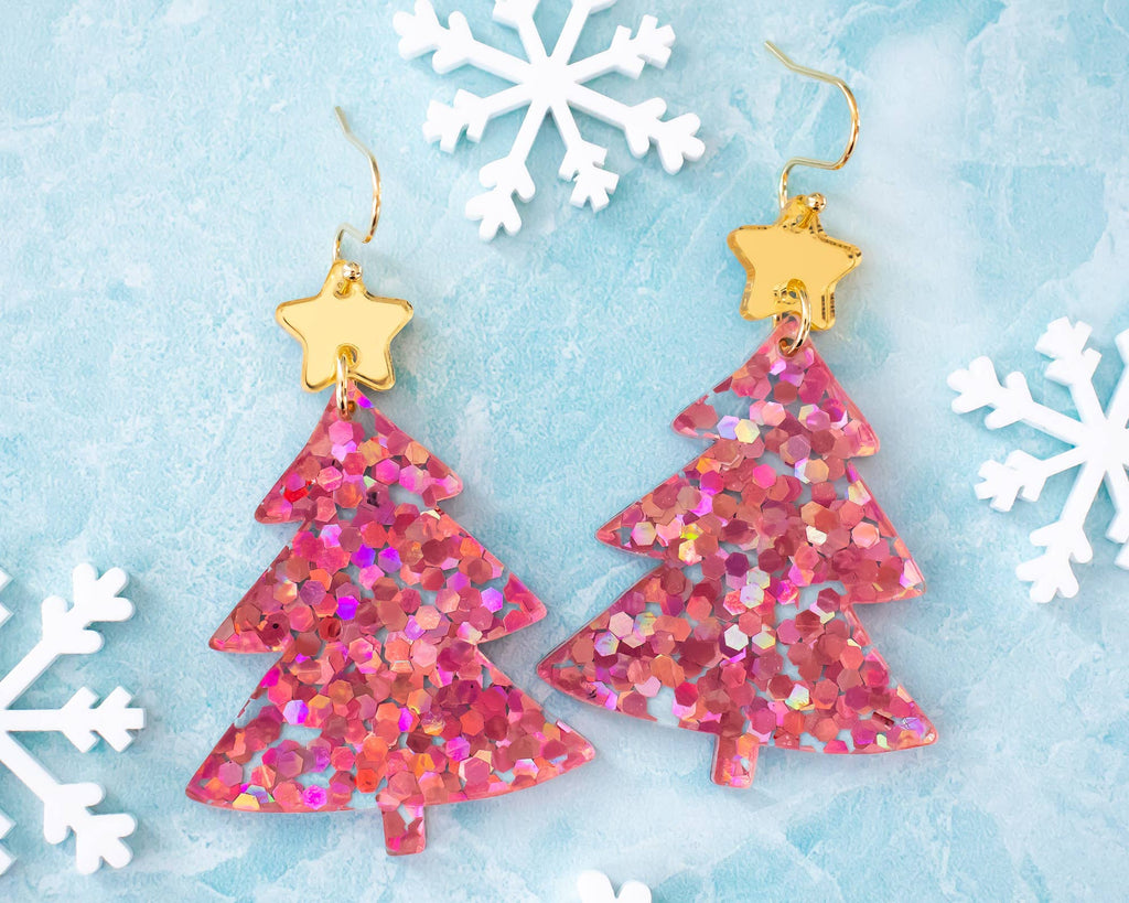 Pink Christmas Tree Earrings Glitter Holiday Dangle