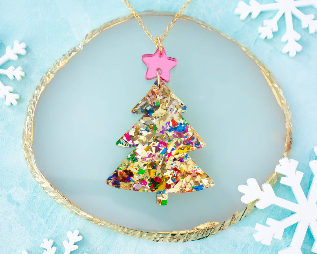 Gold Christmas Tree Glitter Necklace 16K Gold Plated Pendant