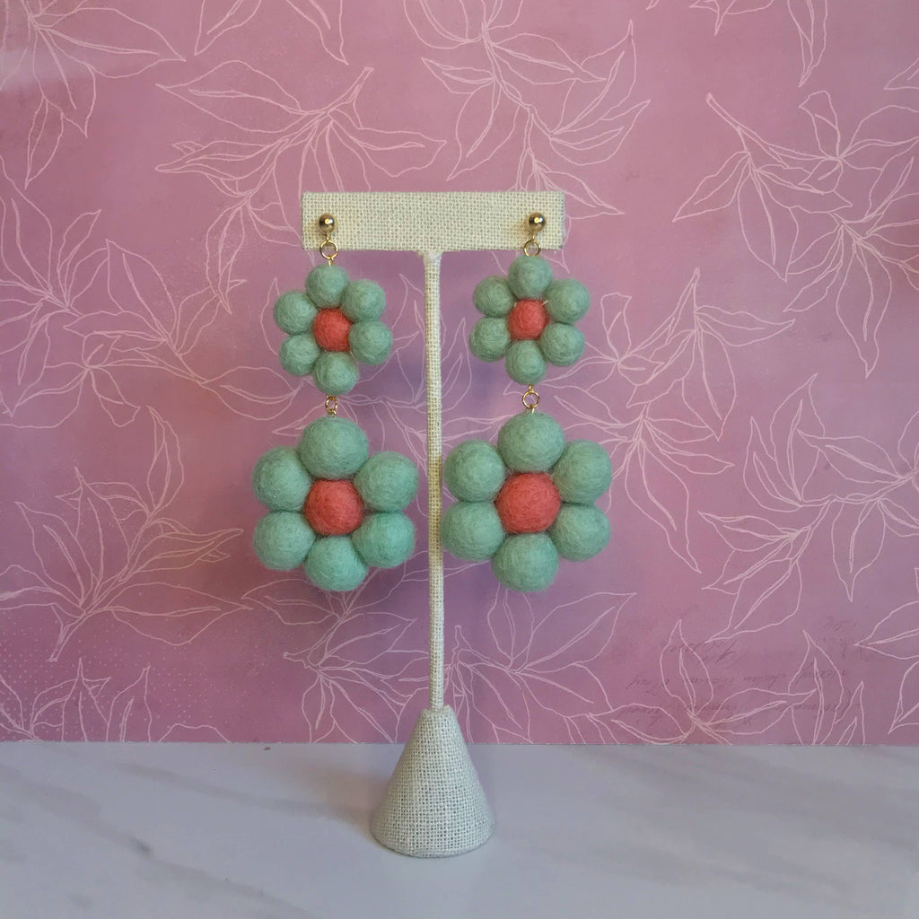 Felted Soft Mint Daisy Dangle Earrings