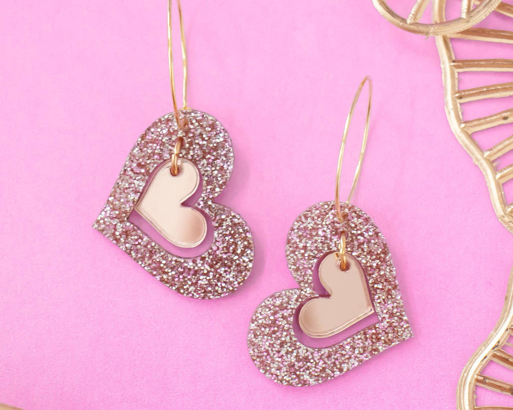 Rose Gold Tilted Double Heart Hoop Earrings