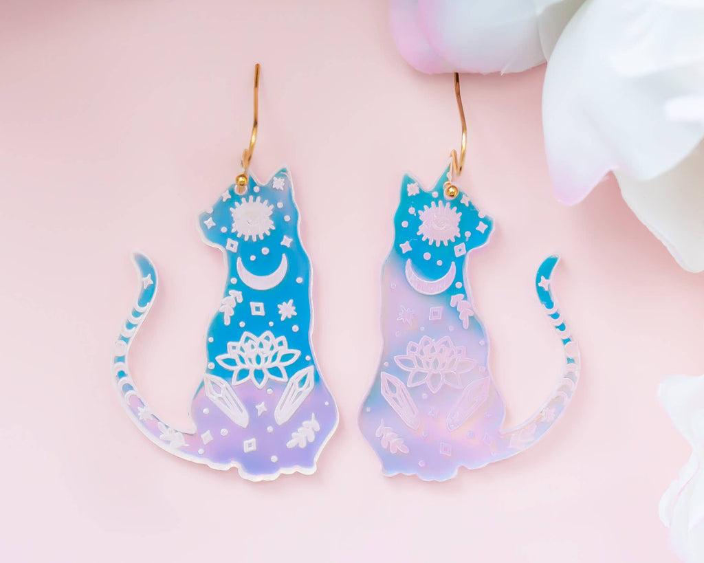 Mystic Cat Holographic Acrylic Earrings, Handmade