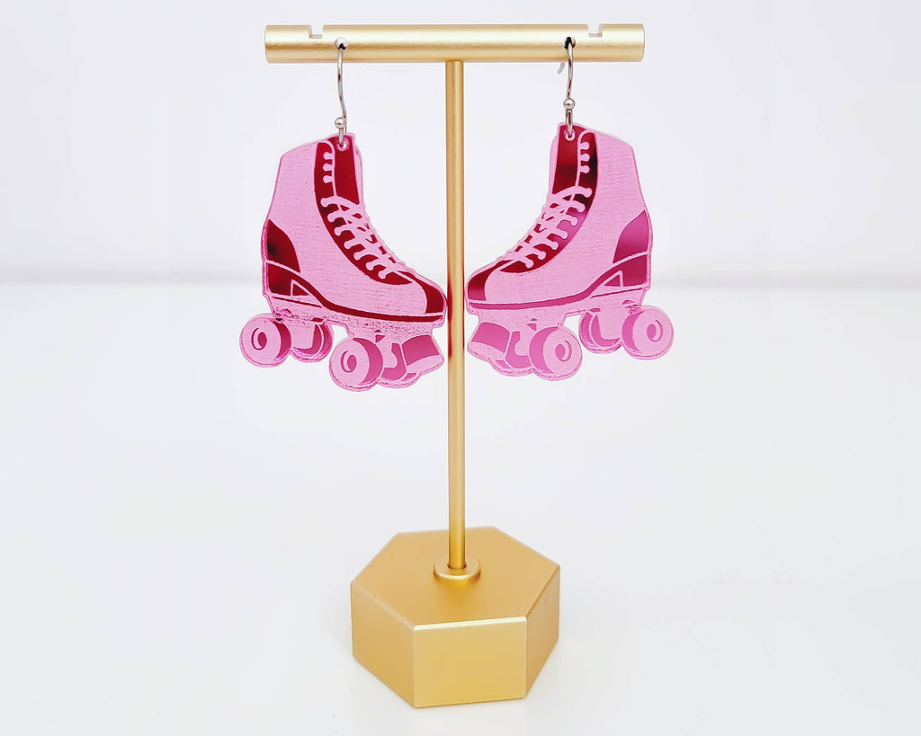 Roller Skates Pink Mirror Acrylic Handmade Earrings