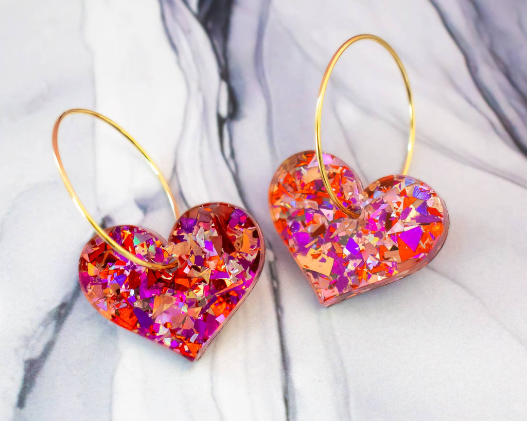 Glitter Red Heart Hoop Earrings