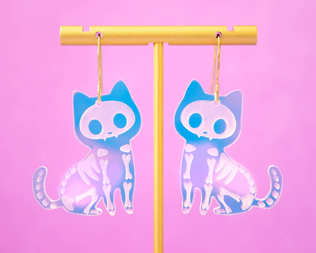 Skeleton Cat Holographic Halloween Earrings