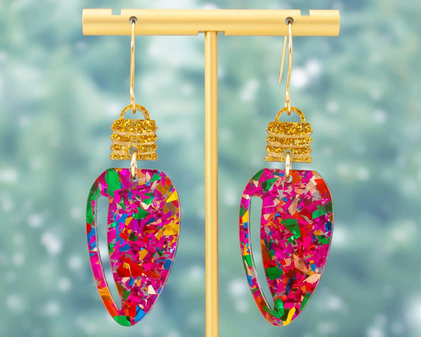 Pink Glitter Acrylic Christmas Bulb Earrings