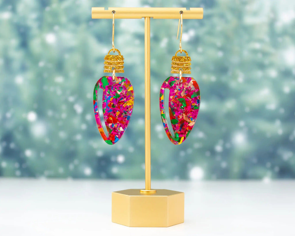 Pink Glitter Acrylic Christmas Bulb Earrings