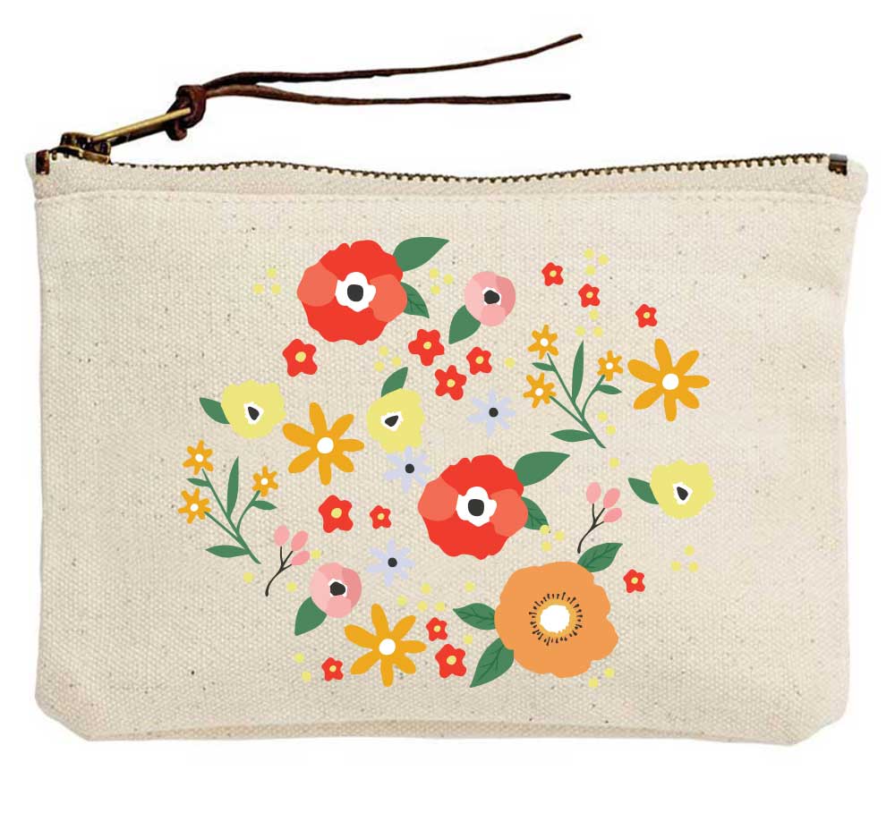 Orange & Red Floral Canvas Pouch