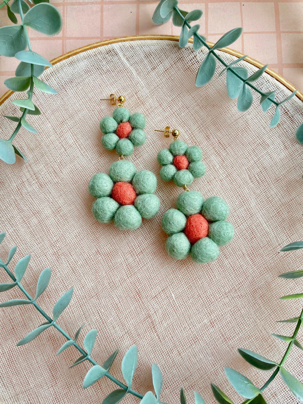 Felted Soft Mint Daisy Dangle Earrings